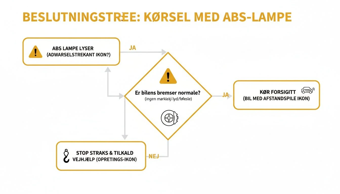 Beslutningstræ der viser handlinger ved lysende ABS-lampe og bremsefejl under kørsel.