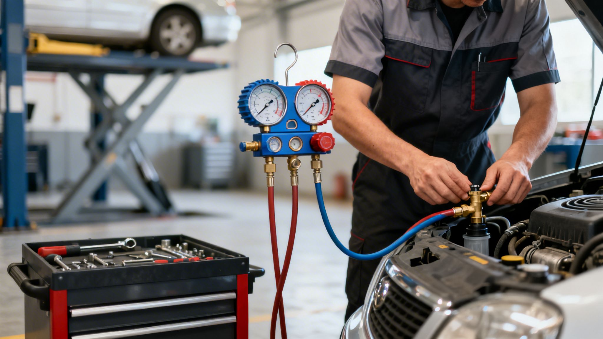 Mekaniker servicerer bilens aircondition-system med et manifold-målersæt i et autoværksted.
