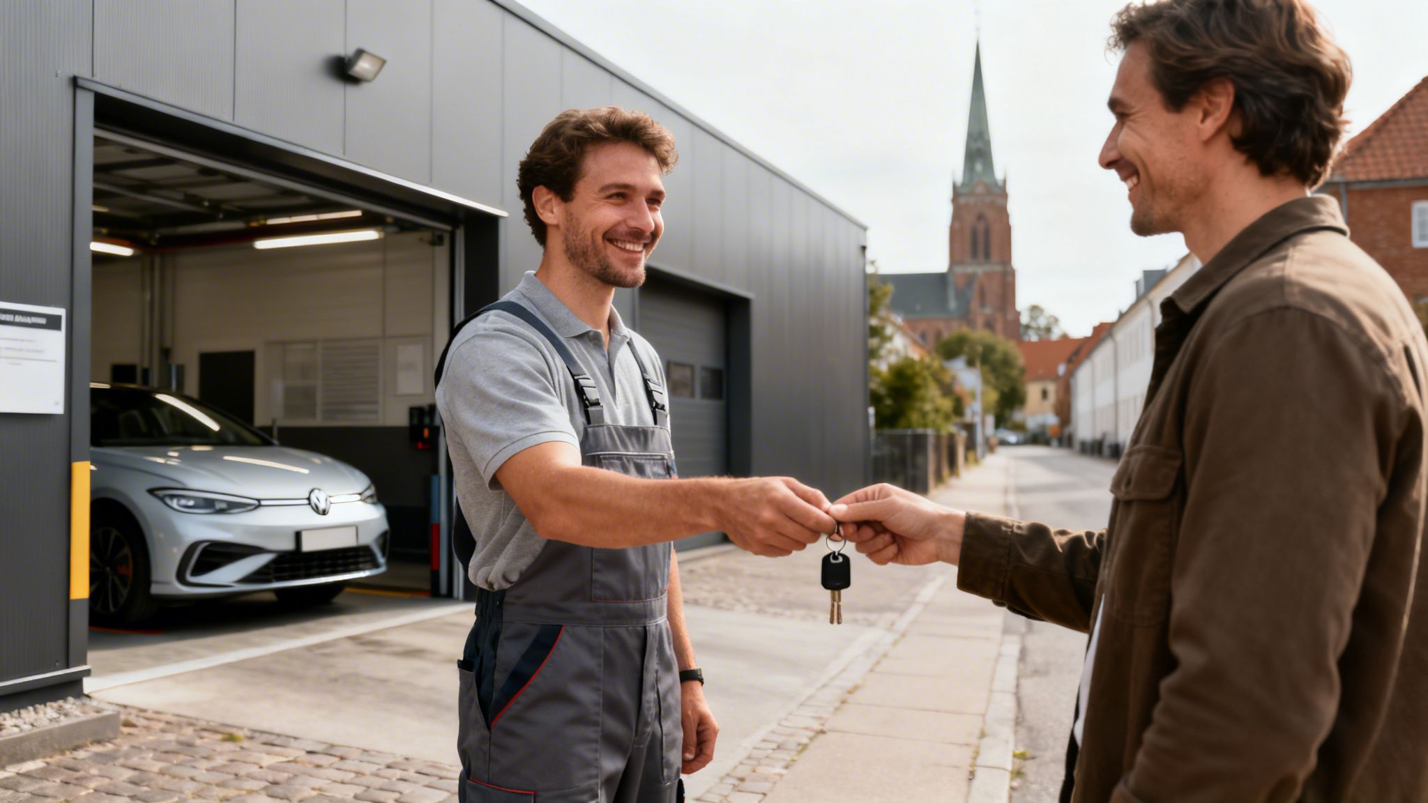 Glad mekaniker overrækker bilnøgler til smilende kunde udenfor værksted med en bil indeni.