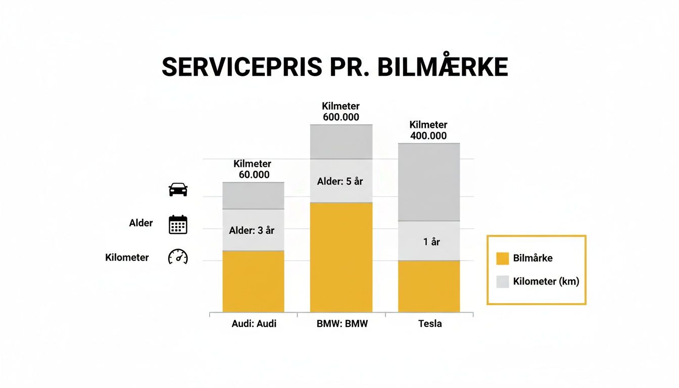 Søjlediagram, der viser servicepriser for bilmærker (Audi, BMW, Tesla) baseret på alder og kilometer.