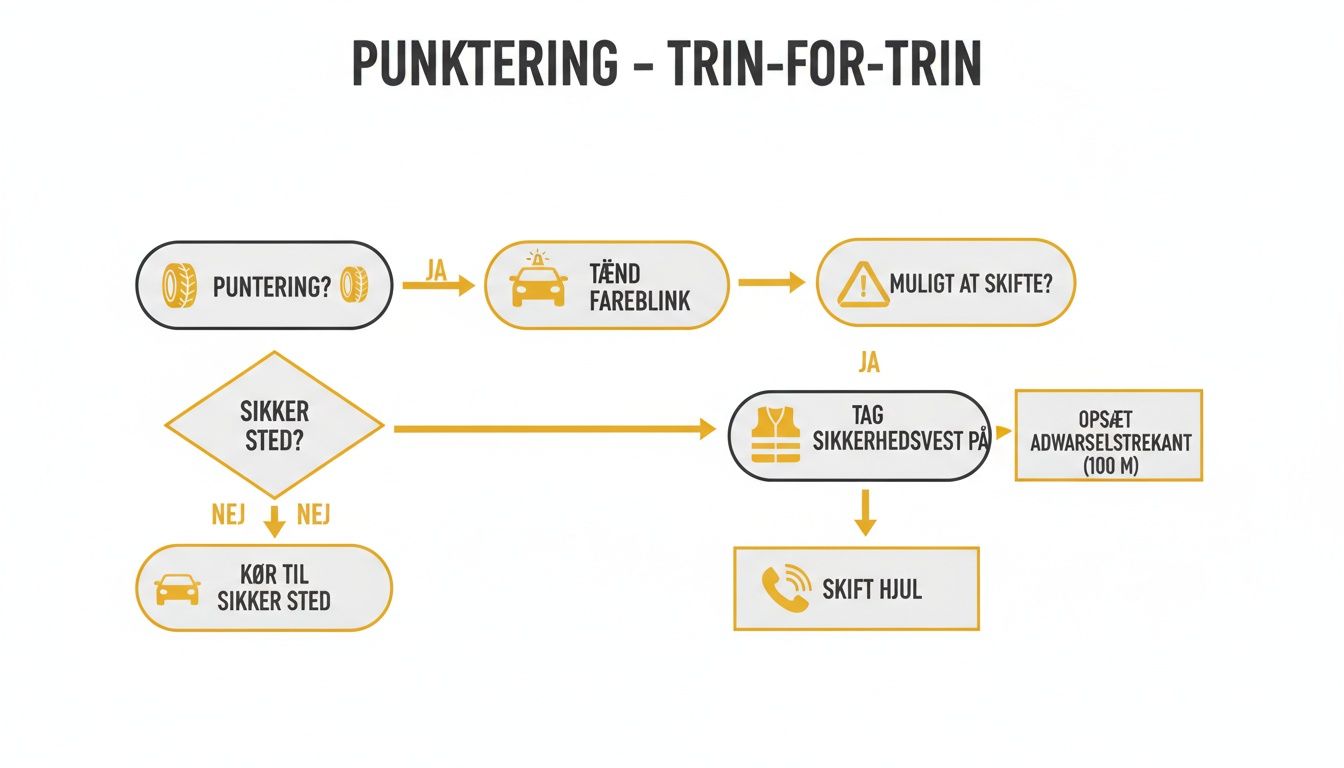 Flowchart med trin-for-trin guide til sikker håndtering af punktering på en bil.