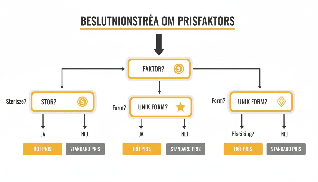 Beslutningstræ om prisfaktorer, der viser, hvordan forskellige faktorer påvirker prisen.