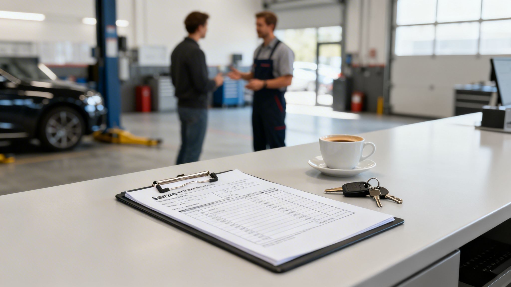 Et servicecheck-skema, kaffe og bilnøgler på en disk, mens en mekaniker taler med en kunde i bilværkstedet.