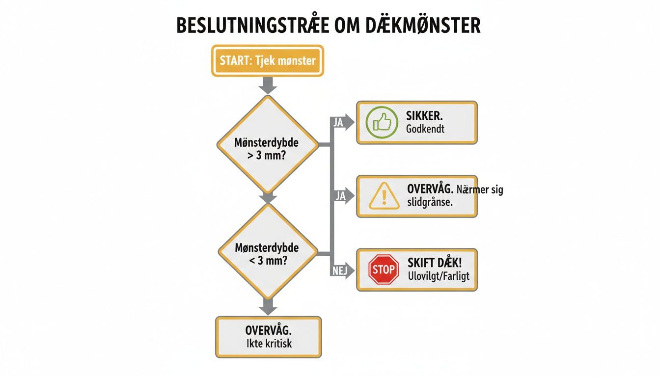 Beslutningstræ for dækmønster, der guider dig baseret på mønsterdybde med resultater som sikker, overvåg eller skift dæk.