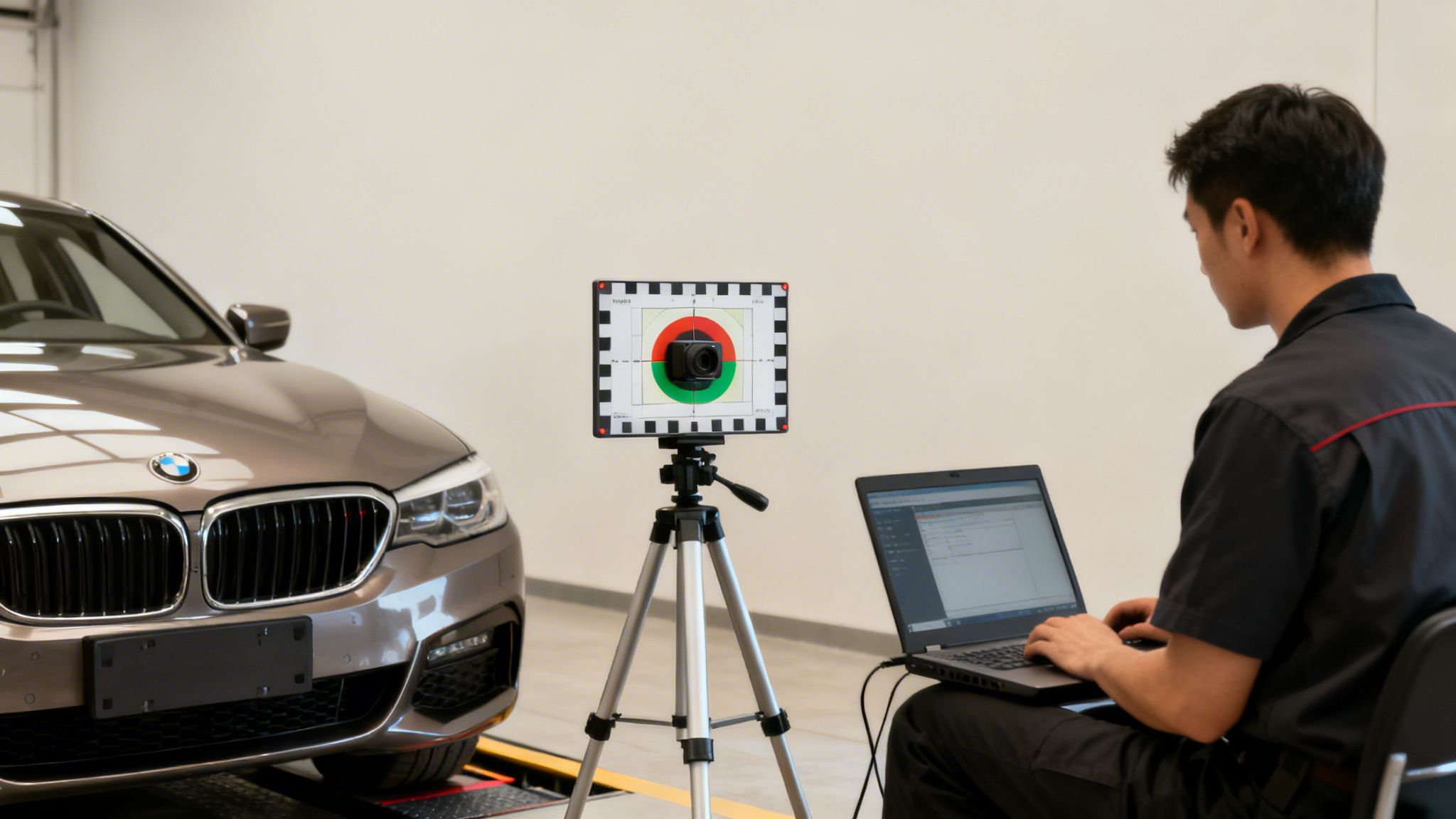 En tekniker udfører ADAS-kalibrering på en BMW-bil med specialudstyr og laptop.