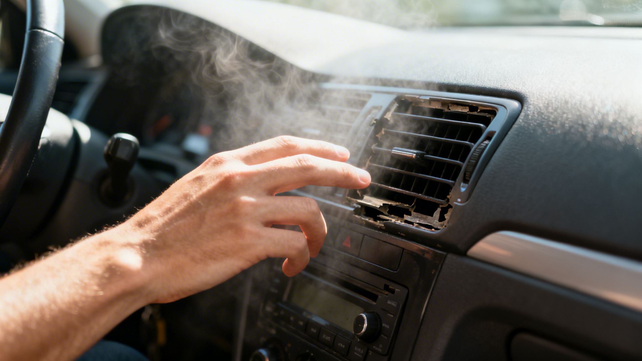 En person mærker røg fra bilens ventilationsanlæg, hvilket indikerer et behov for professionel aircondition service og reparation.