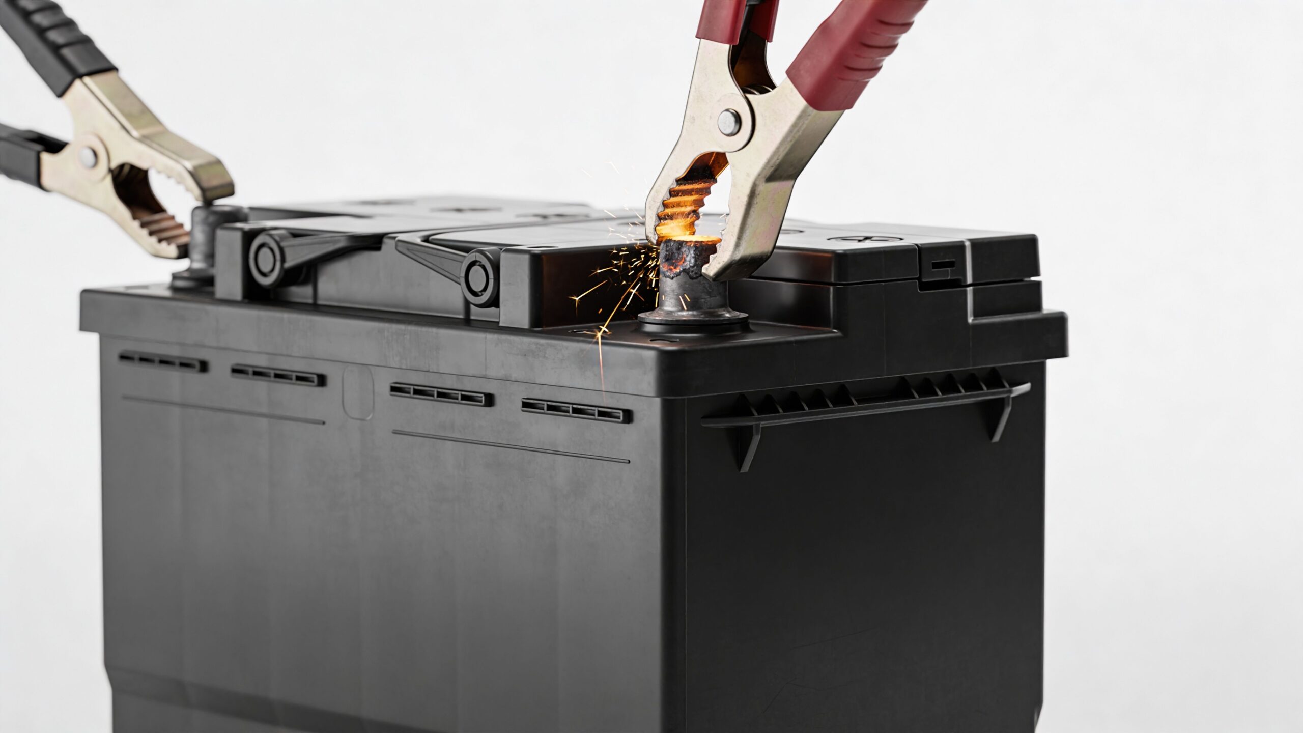 Et bilbatteri bliver opladet med startkabler, hvor der ses elektriske gnister ved batteripolen under tilslutningen.