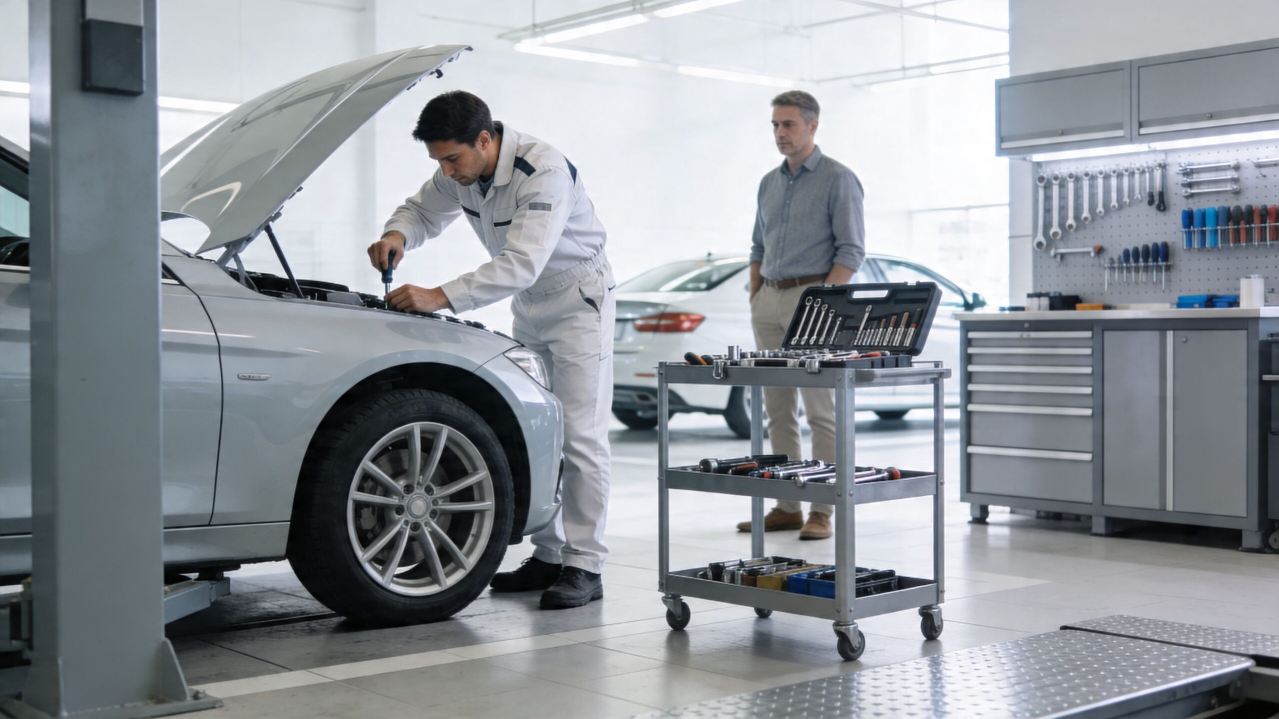 En bilmekaniker arbejder på motoren i en bil på et professionelt autoværksted med en kunde ved siden af.