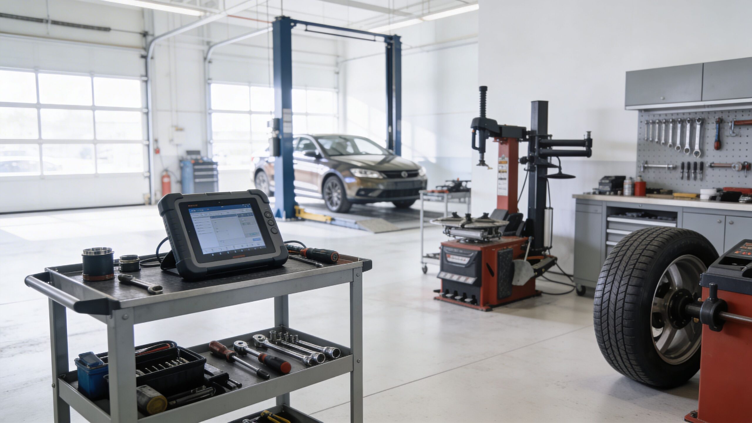 Et moderne autoværksted med en bil på en lift, dækmaskine og professionelt diagnoseudstyr til bilreparationer.