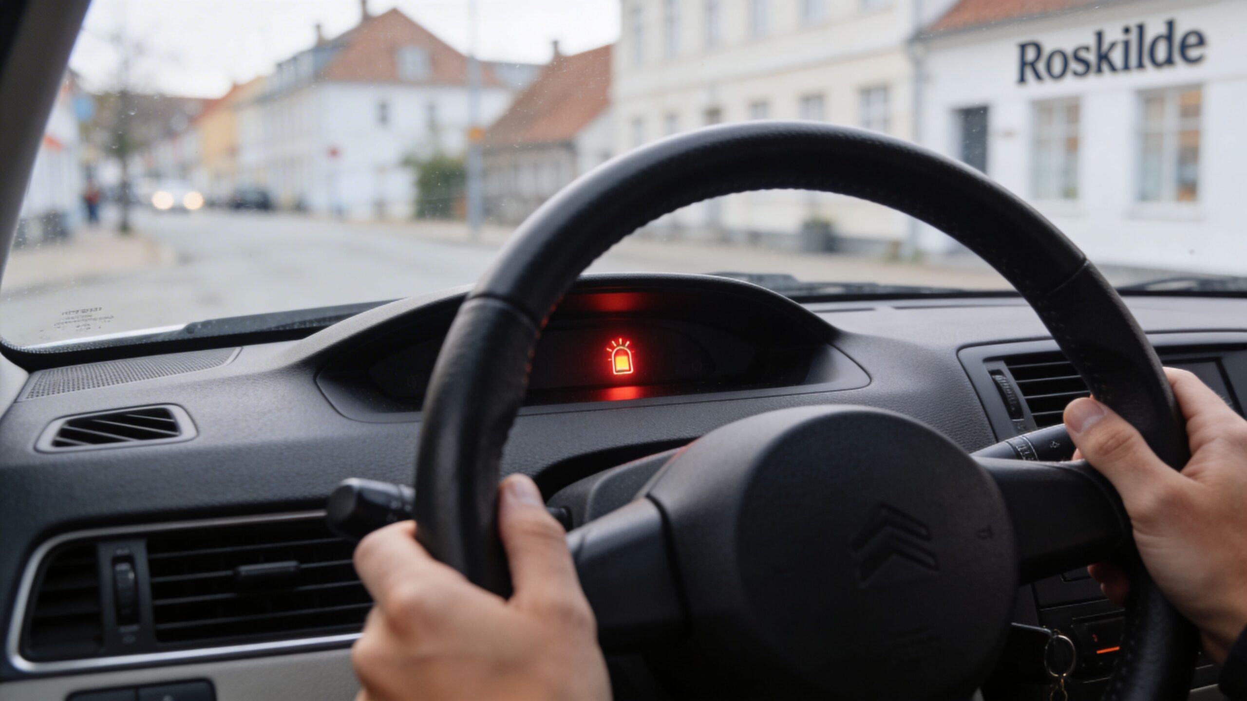 Bilfører der holder på rattet af en bil med et rødt advarselslys tændt i instrumentbrættet i Roskilde.
