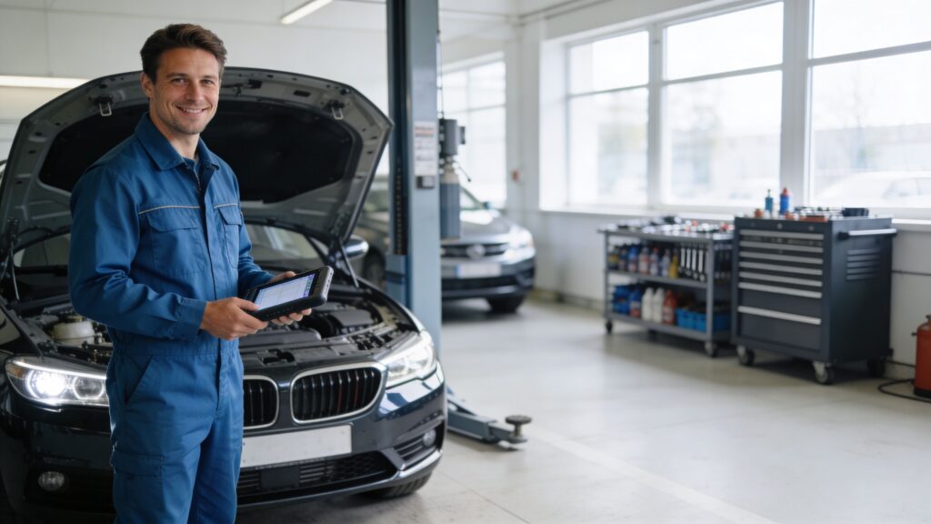 Automekaniker med tablet foran bil i værksted.