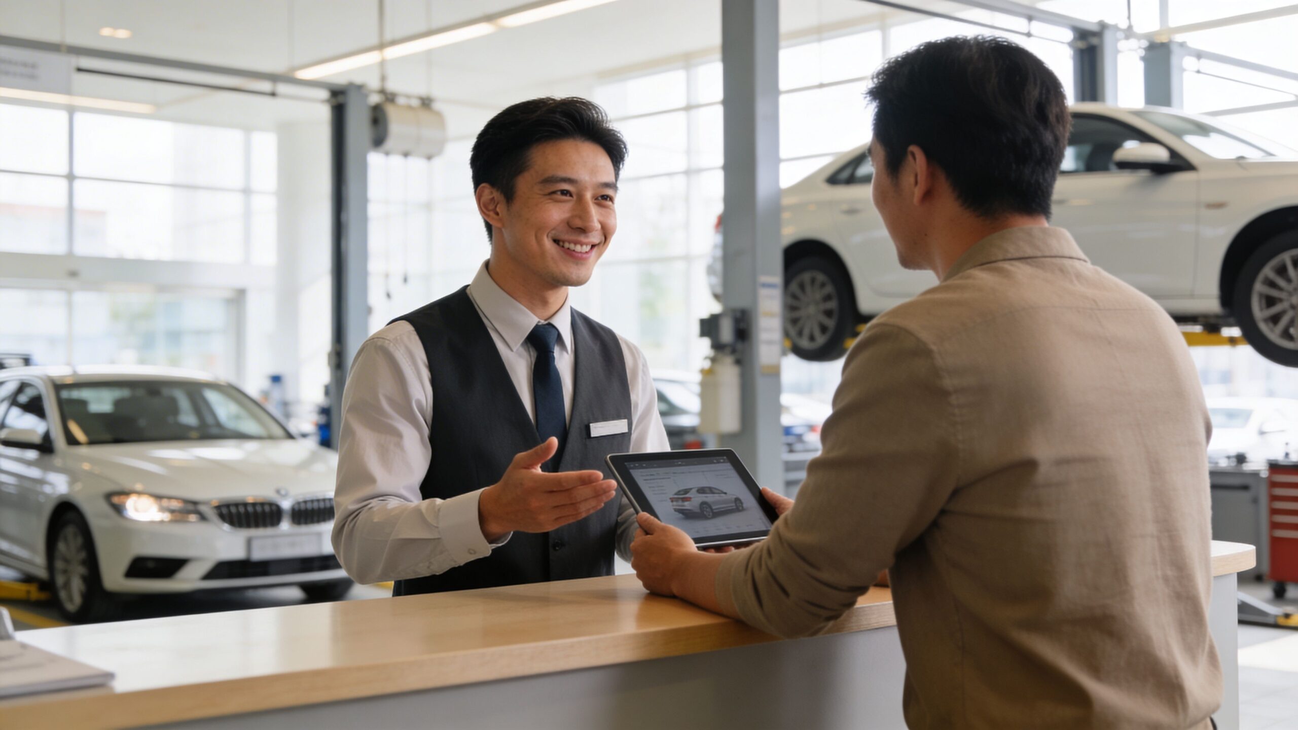En smilende servicerådgiver taler med en kunde ved en disk på et professionelt autoværksted i Roskilde.