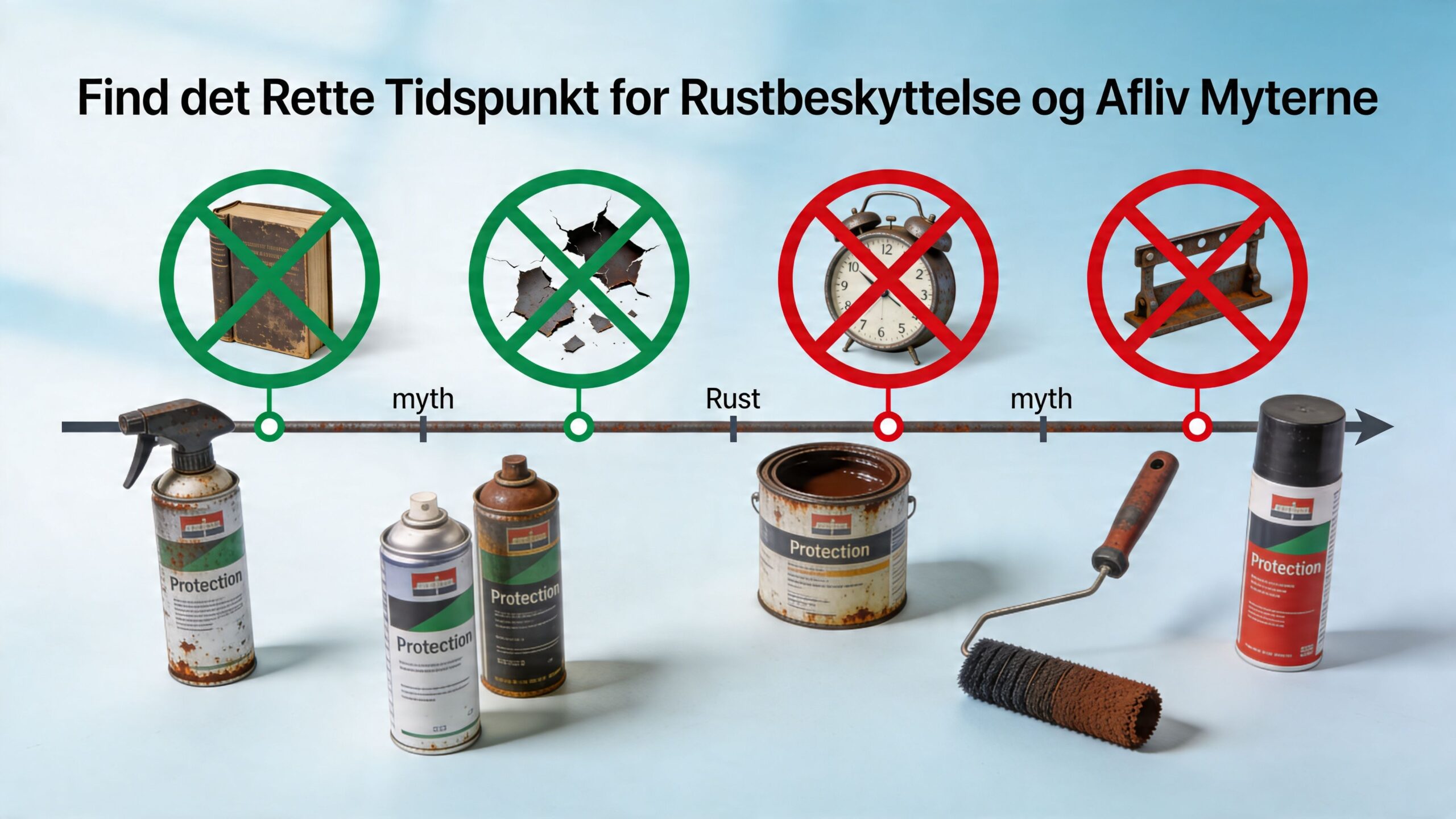En infografik der illustrerer tidspunkter for rustbeskyttelse og afliver almindelige myter om vedligeholdelse af metal.