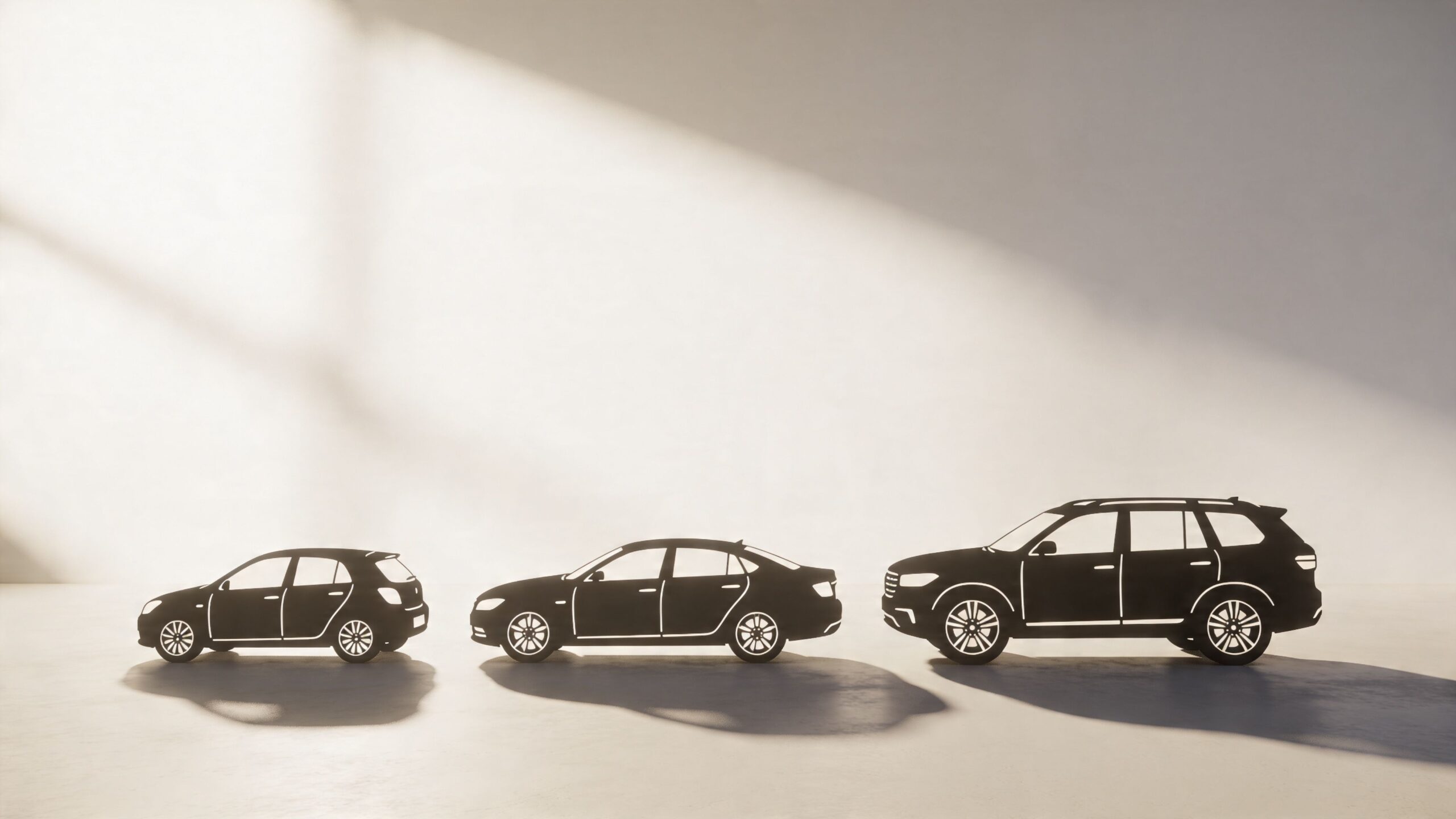 Tre sorte silhuetter af forskellige biltyper opstillet i en række foran en lys baggrund.