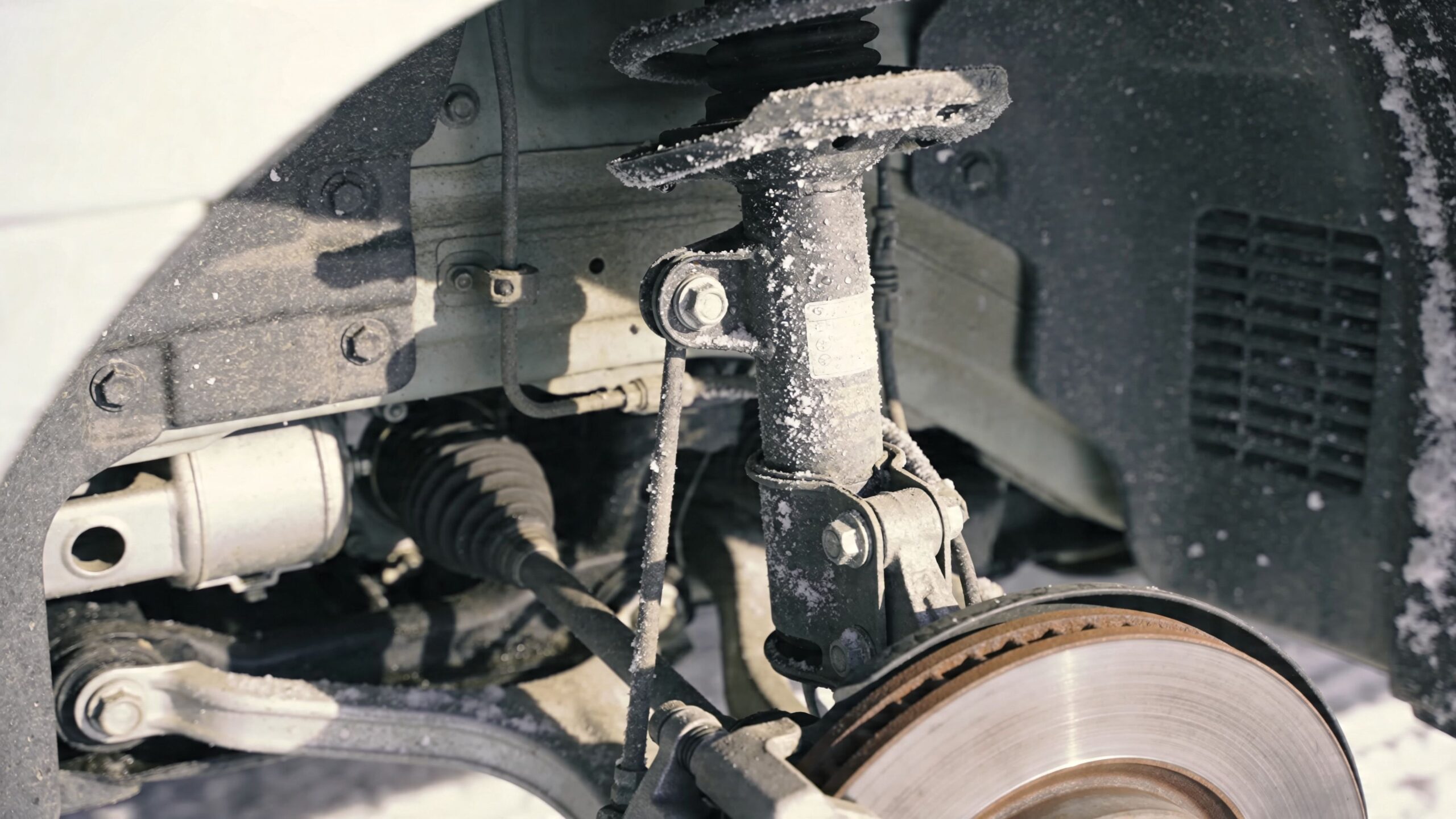 Nærbillede af bilens hjulophæng med synlige tegn på vejsalt, sne og overfladerust på komponenterne.