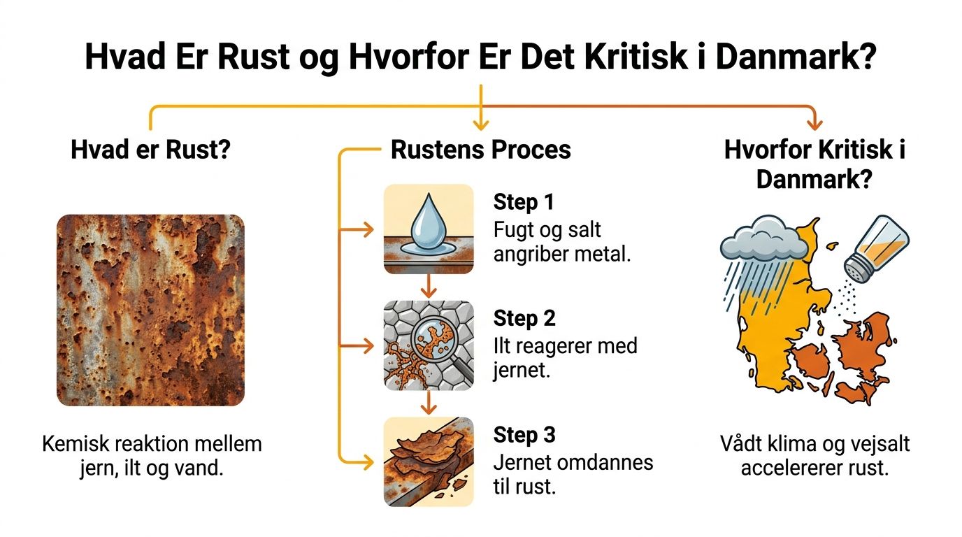 En infografik der forklarer den kemiske proces bag rustdannelse og hvorfor det er et problem i Danmark.