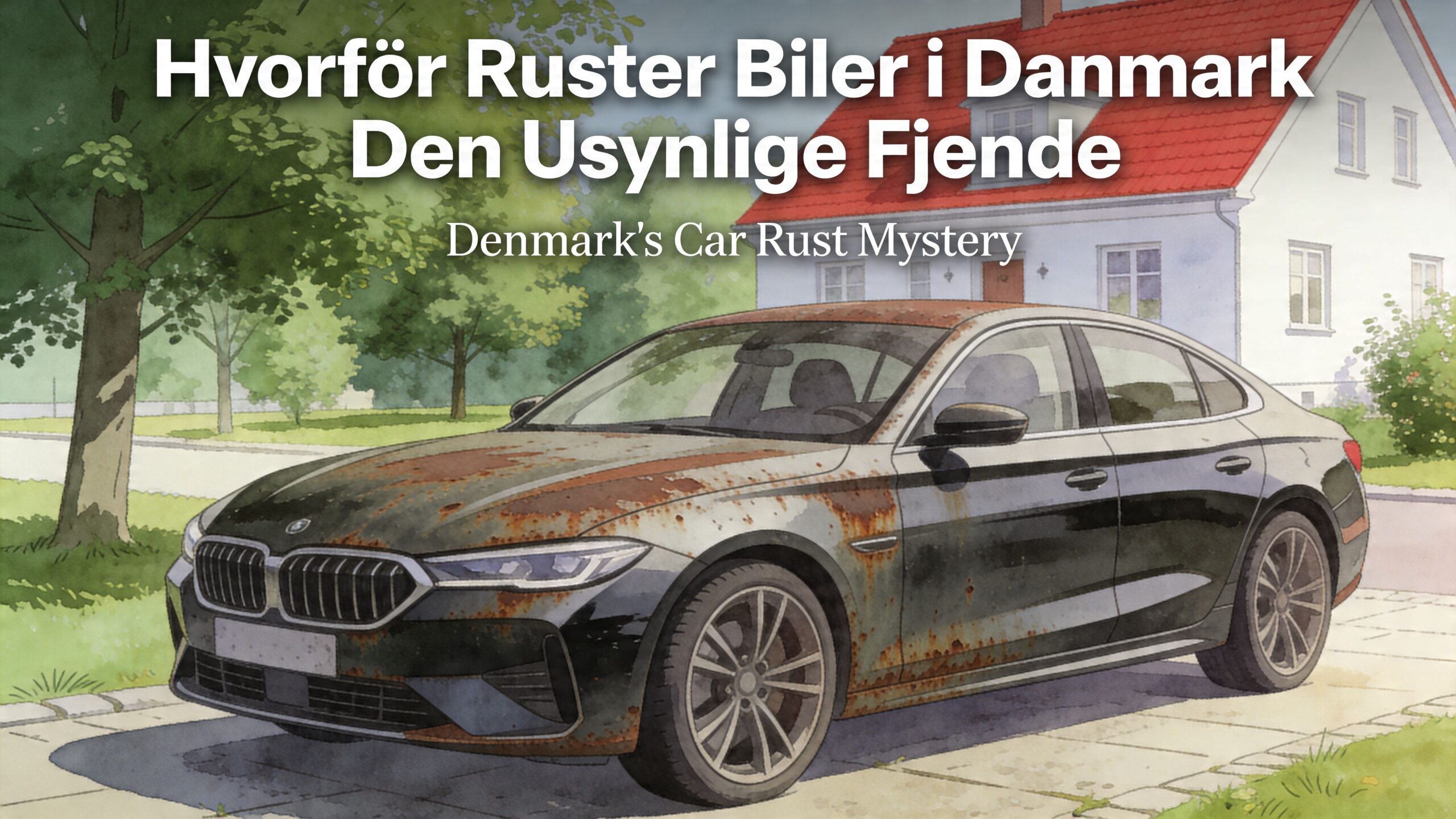 En illustration af en rusten BMW personbil parkeret foran et typisk dansk hus med rødt tag.