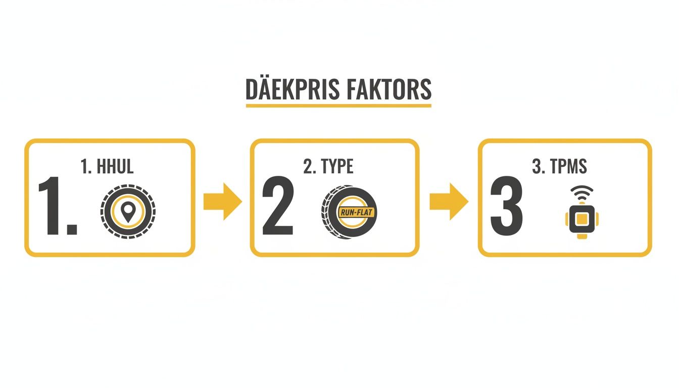 En grafisk fremstilling af dækprisfaktorer, der viser hjul, dæktype (run-flat) og TPMS-sensor som afgørende elementer.