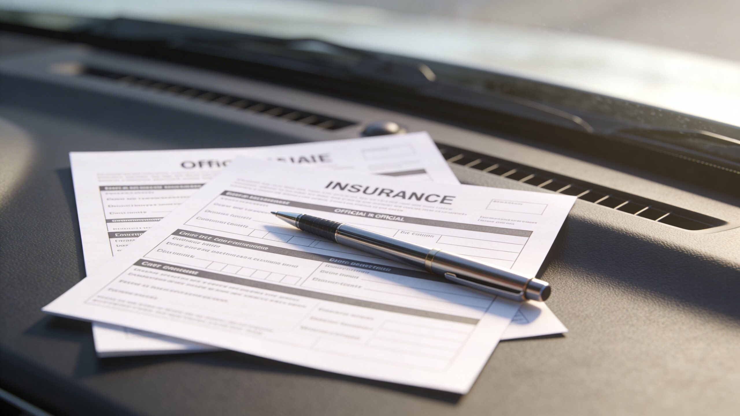 Forsikringspapirer med en pen på et instrumentbræt i en bil, klar til udfyldelse af bilforsikringsdokumenter.