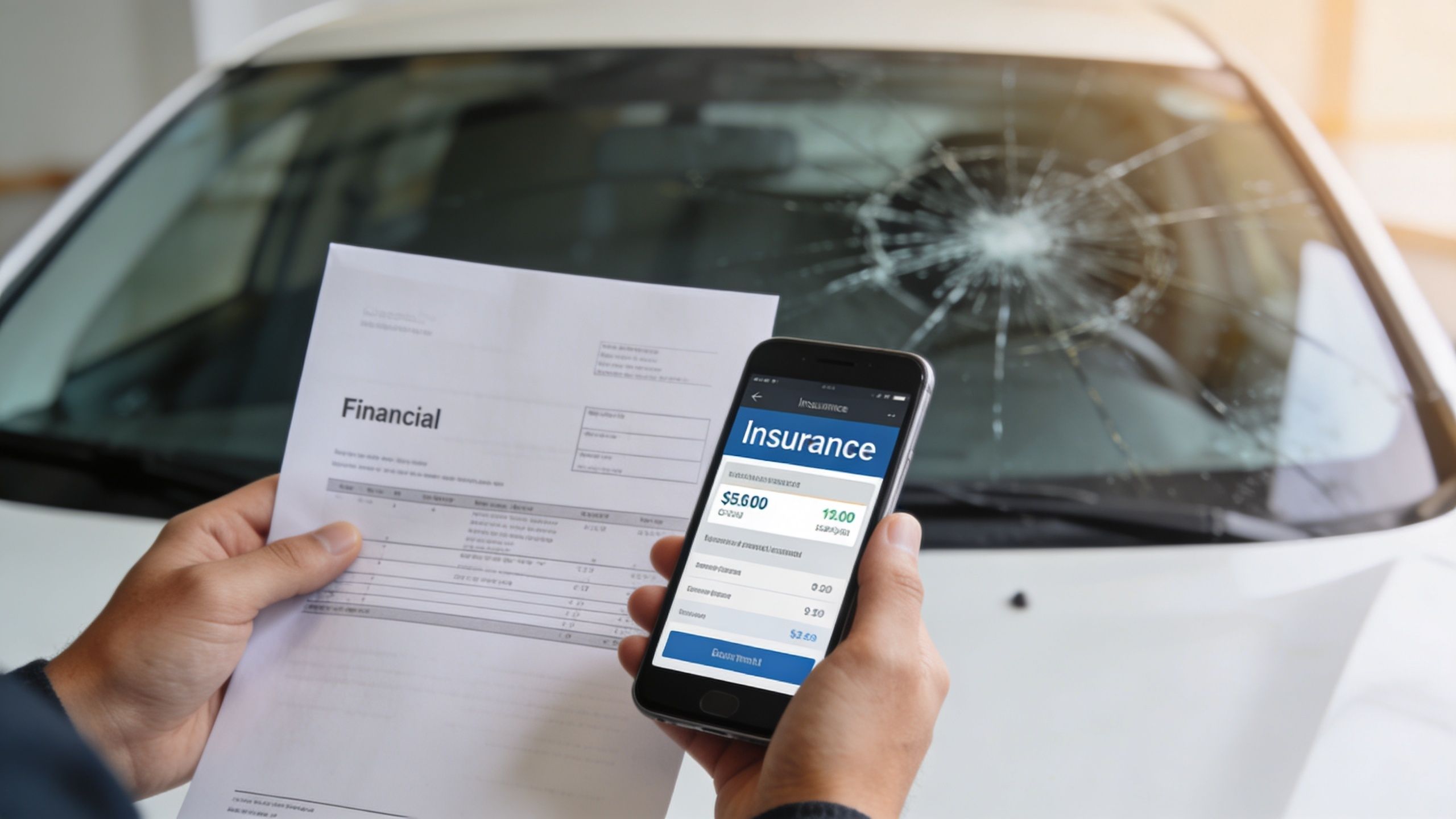 Person der holder et finansielt dokument og en mobiltelefon foran en bil med revnet forrude.
