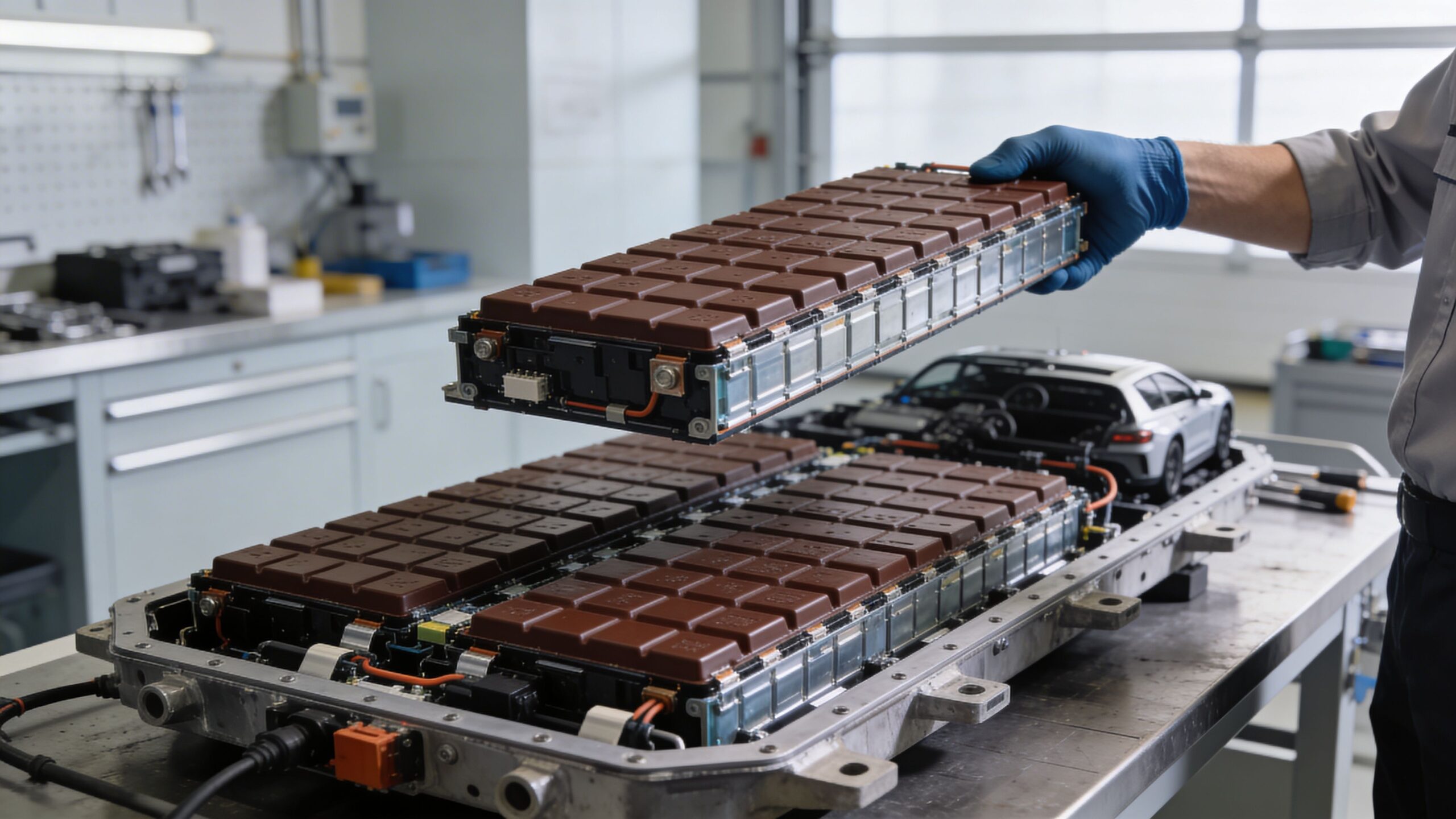 En tekniker arbejder med at installere en elektrisk batterimodul i et batterisystem til en moderne elbil i værkstedet.