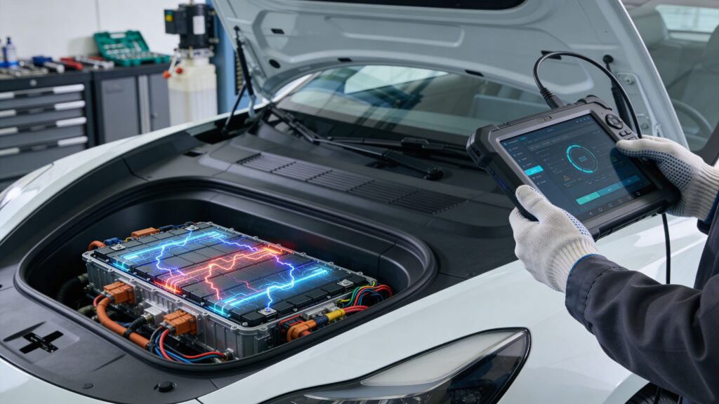Inspektion af elbilbatteri med diagnostisk værktøj.