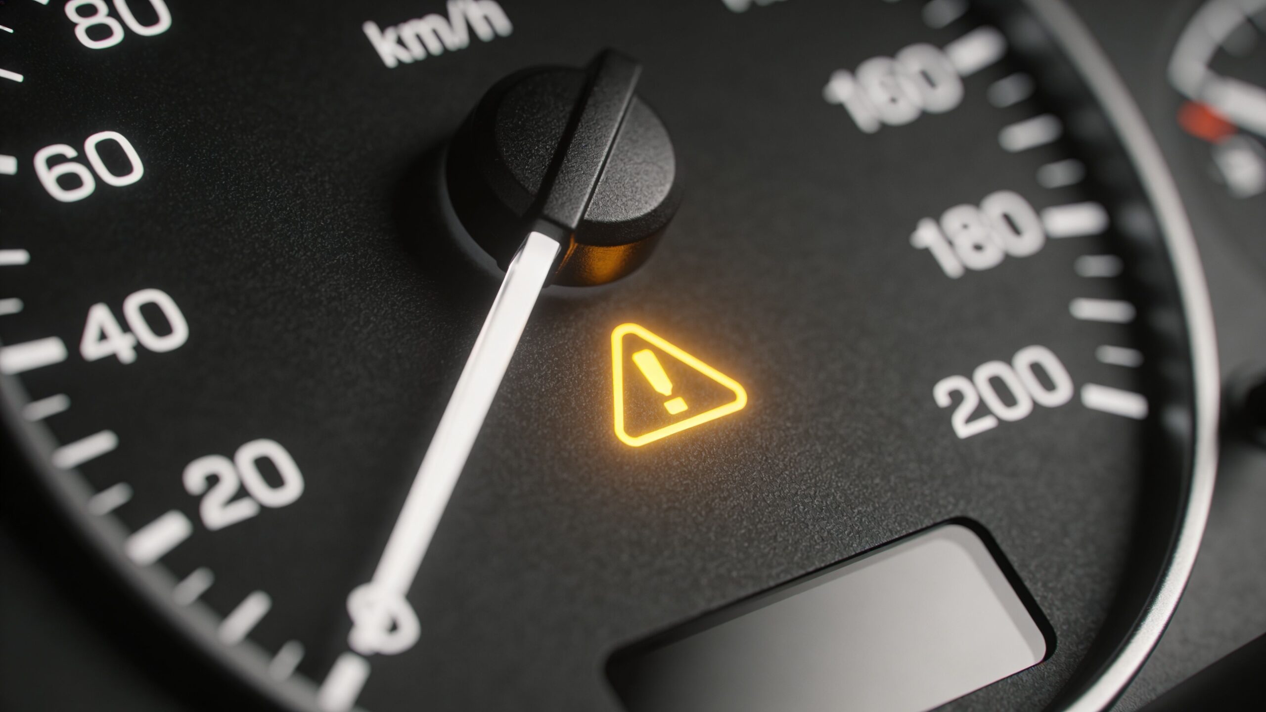 Et tæt billede af et bils speedometer, hvor advarselslampen for motorfejl lyser gult på instrumentbrættet.