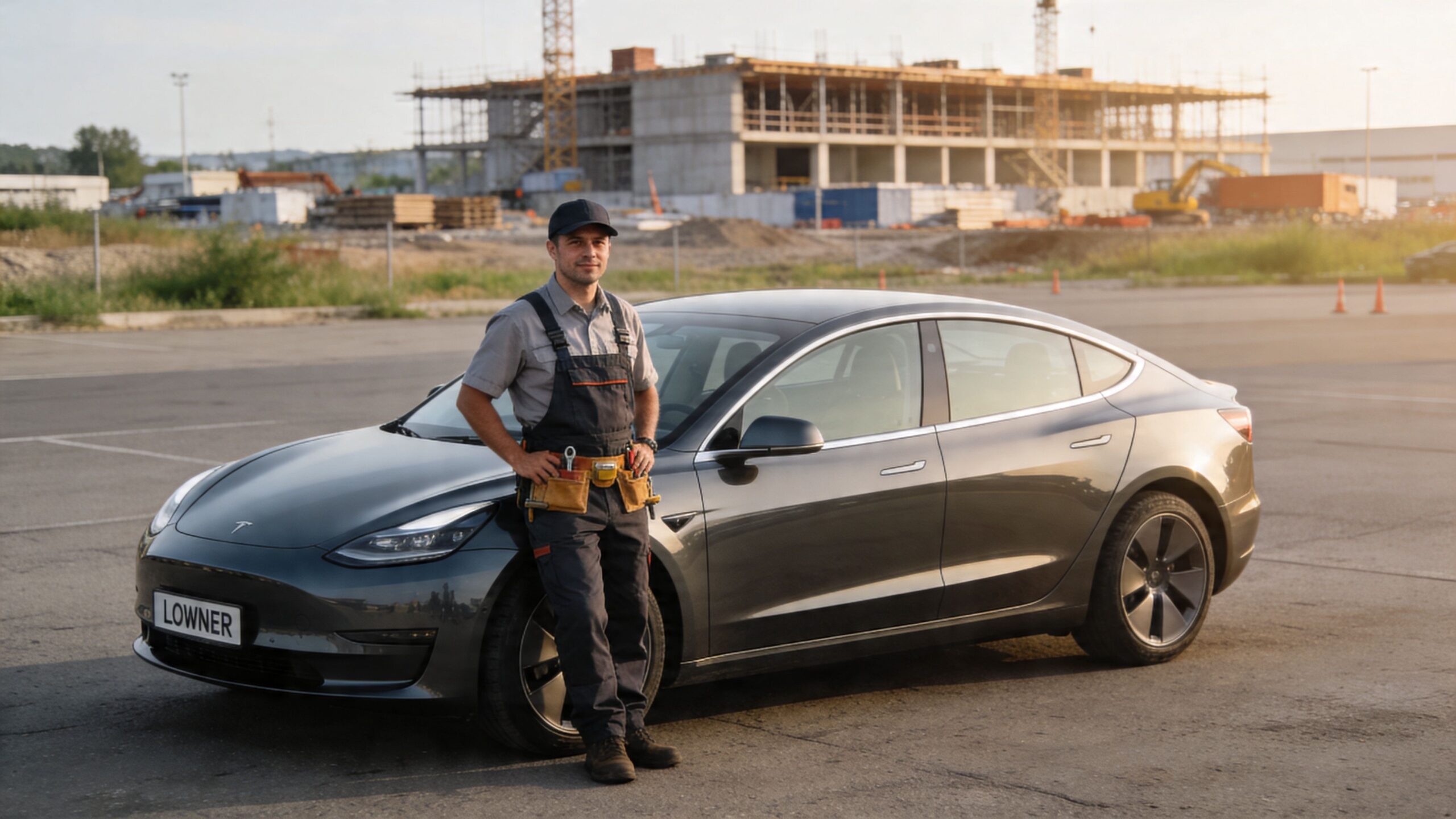 En professionel mekaniker står lænet op ad en moderne grå Tesla foran en byggeplads i sollys