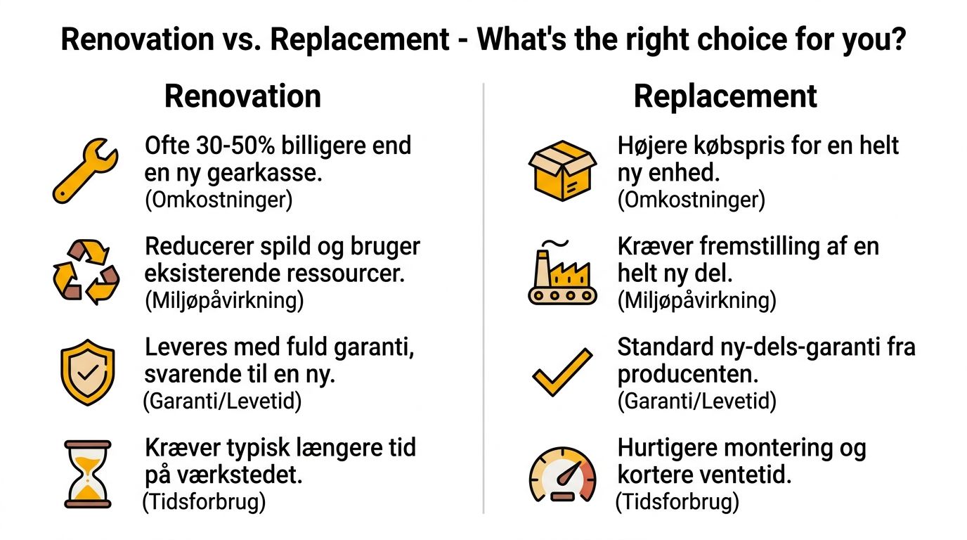 En sammenligningsgrafik der viser fordele og ulemper ved renovering af gearkasse versus udskiftning med en ny enhed.