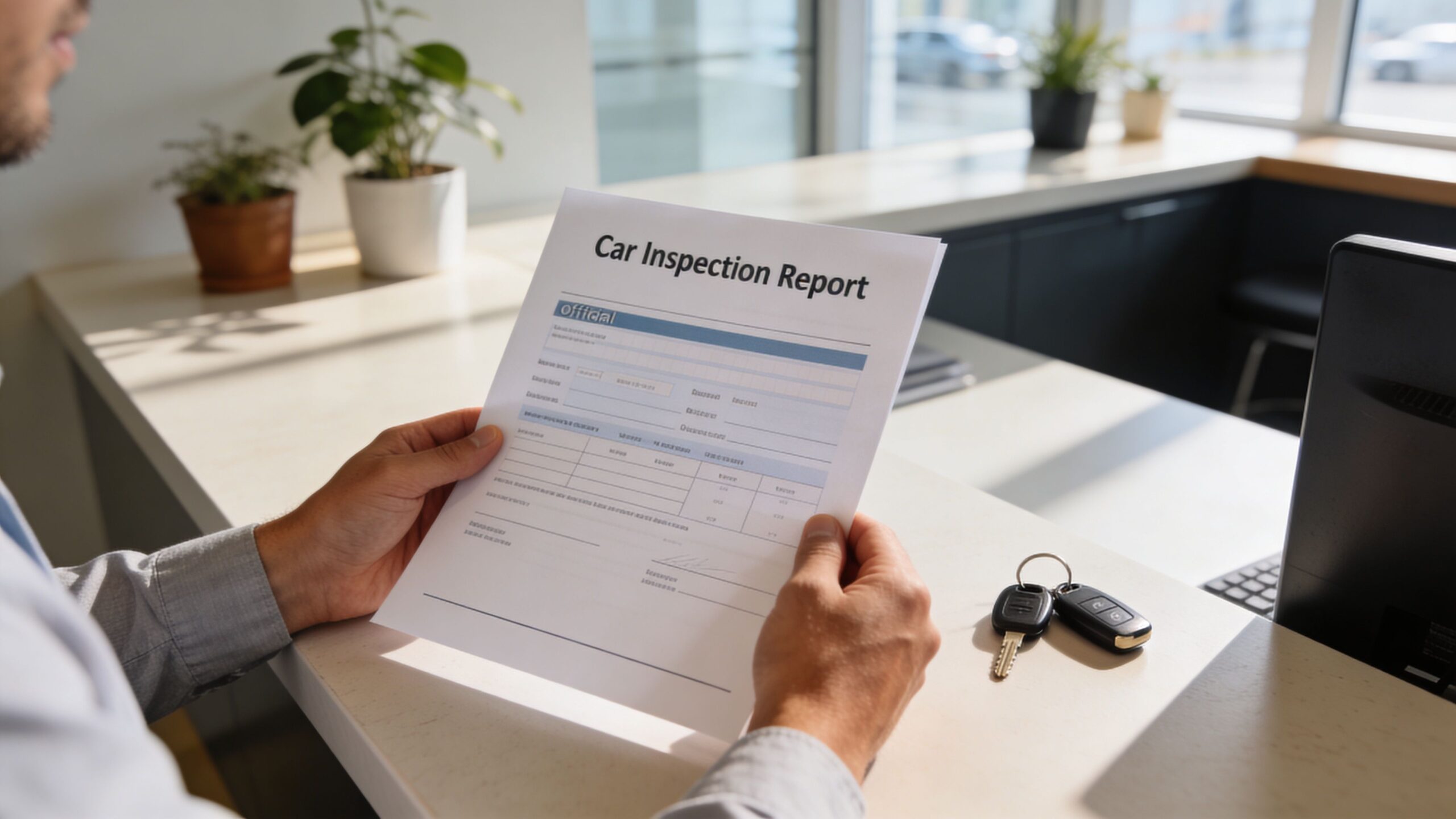 En person holder en officiel bilinspektionsrapport i hænderne ved et skrivebord med bilnøgler ved siden af.