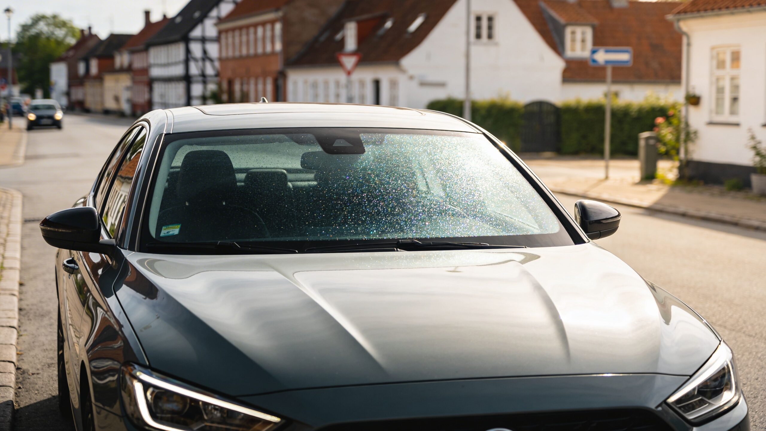 En grå bil parkeret på en vej med fokus på den stribede og beskidte forrude i dagslys.