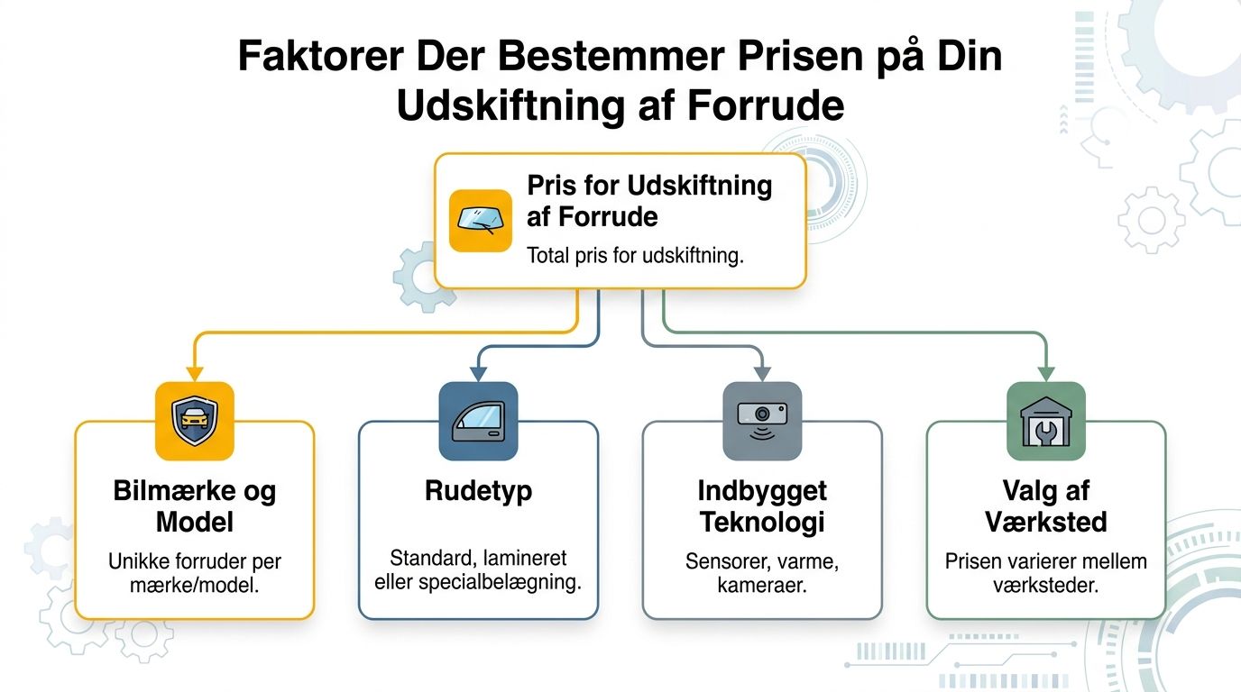 En infografik der forklarer de fire primære faktorer der bestemmer prisen på udskiftning af bilens forrude.