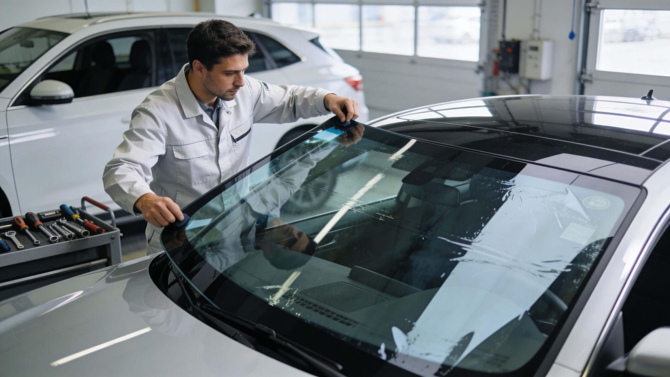 En mekaniker i hvid arbejdsdragt monterer forsigtigt en ny forrude på en moderne bil på et autoværksted.