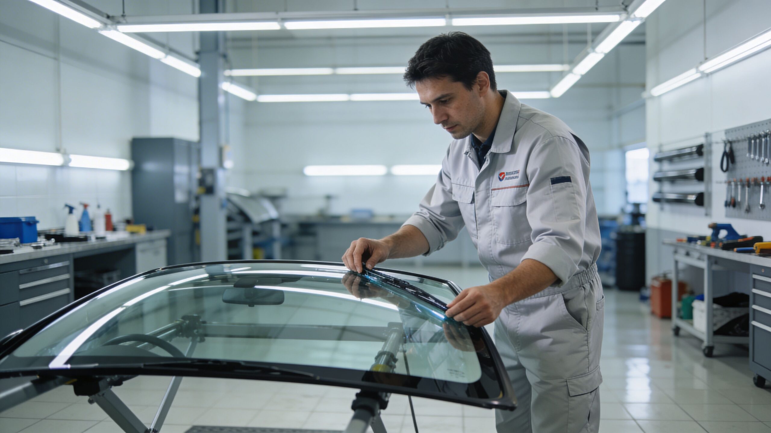 En professionel tekniker monterer en ny forrude på en bil i et moderne, velorganiseret bilværksted.