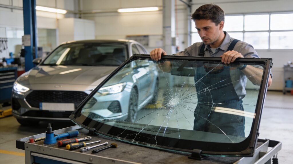 Tekniker reparerer bilrude med skærmbrud i autoværksted.