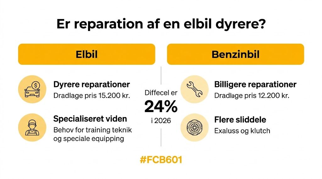 Sammenligning af reparationsomkostninger for elbiler og benzinbiler med priser og tekniske krav vist i en infografik.
