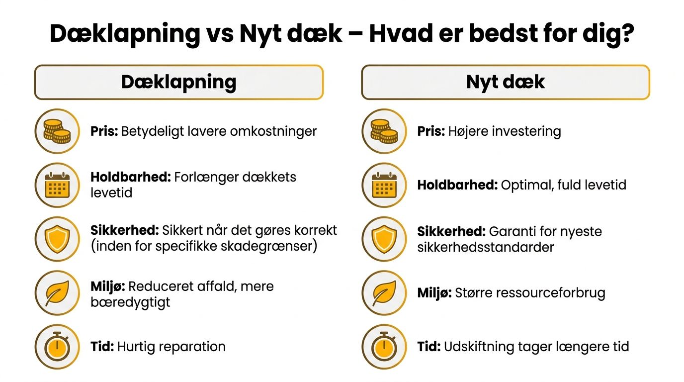 En sammenlignende oversigt over fordele og ulemper ved dæk-lapning sammenlignet med køb af et helt nyt dæk.