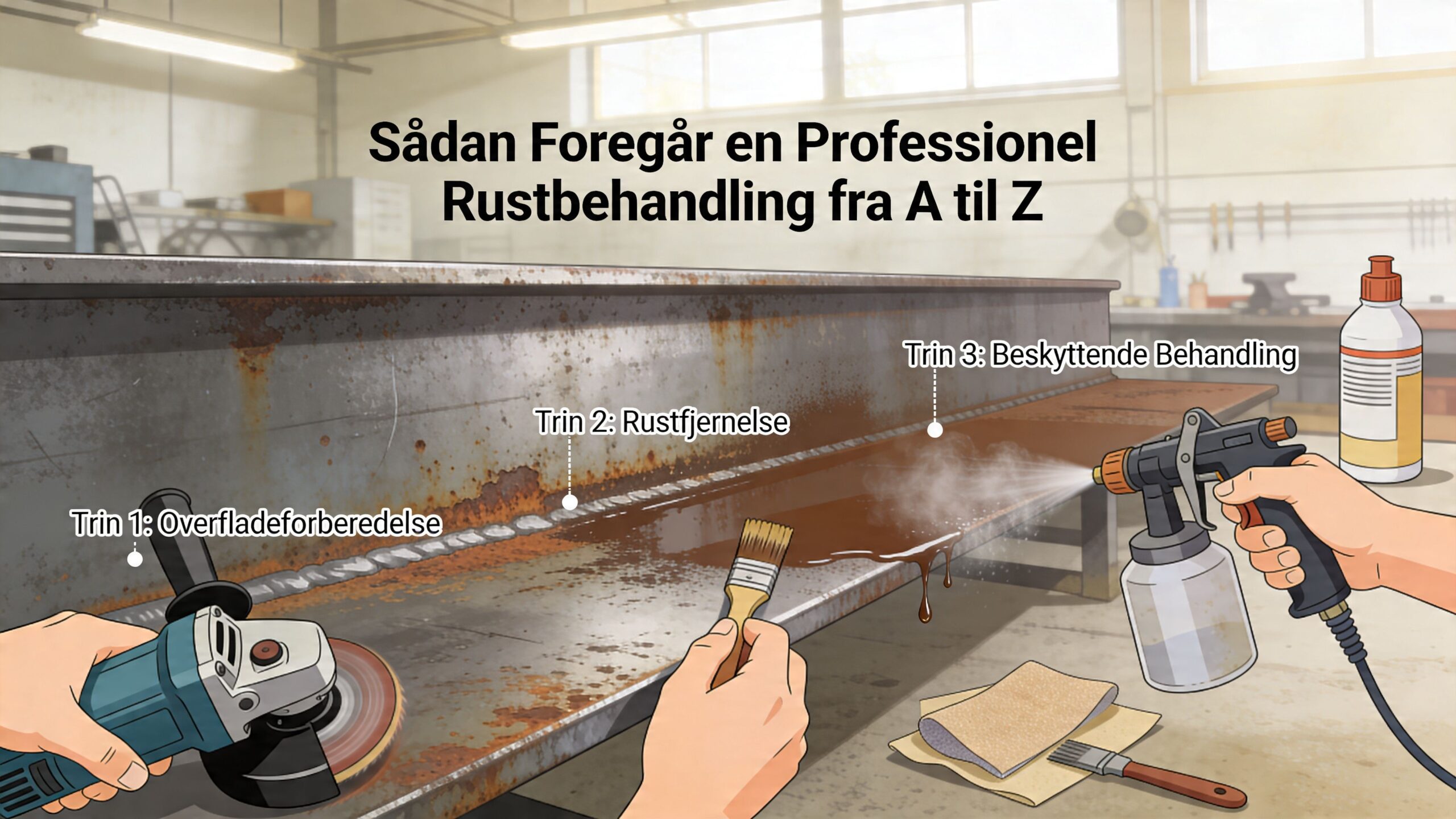 Illustration af de tre trin i professionel rustbehandling: overfladeforberedelse, rustfjernelse og påføring af beskyttende behandling på stål.