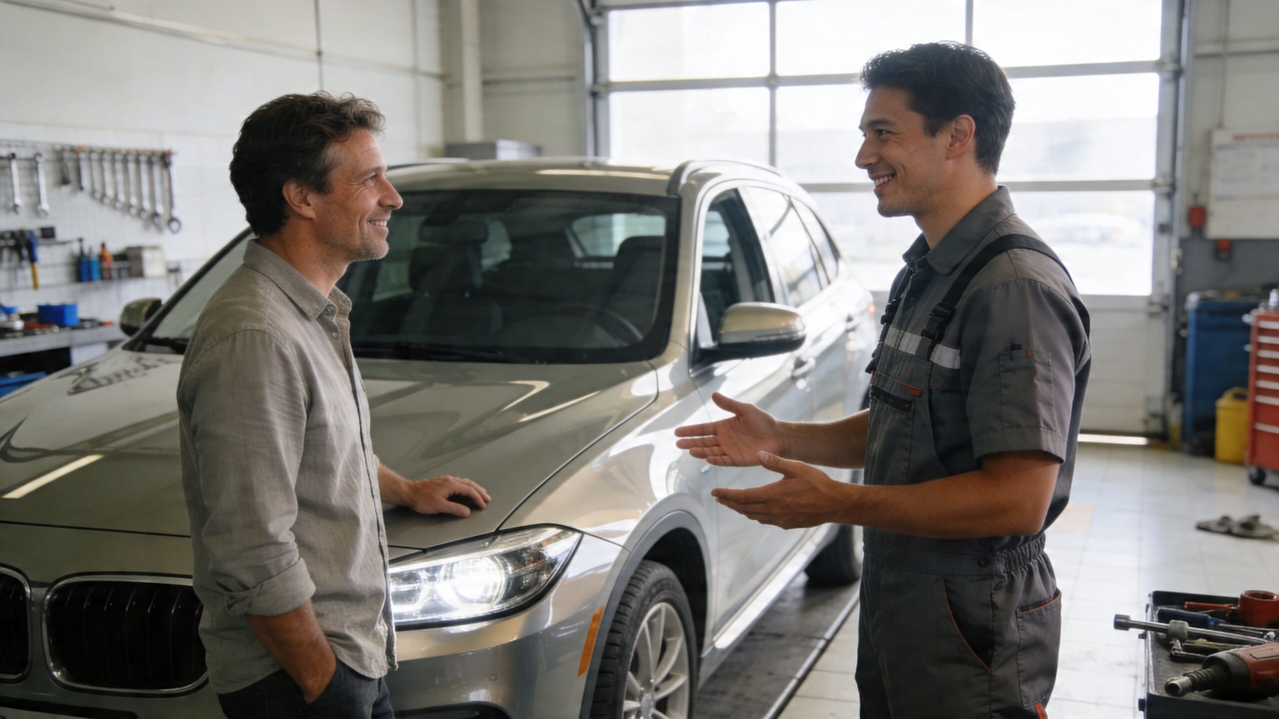 En smilende mekaniker taler med en kunde ved en sølvfarvet bil på et professionelt autoværksted.