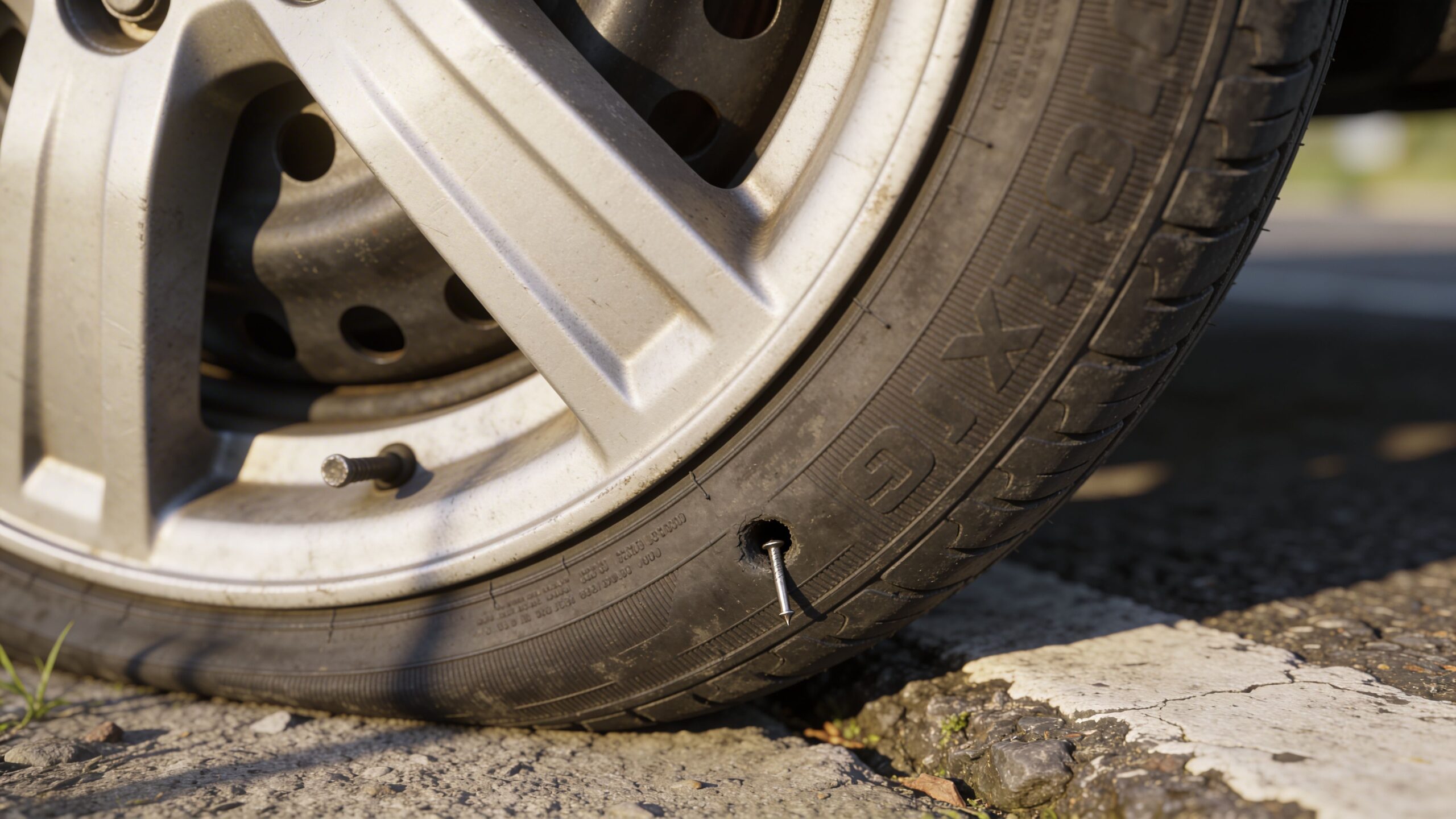 Et punkteret bildæk med et søm siddende i dæksiden, hvilket forårsager lufttab og kræver reparation eller udskiftning.