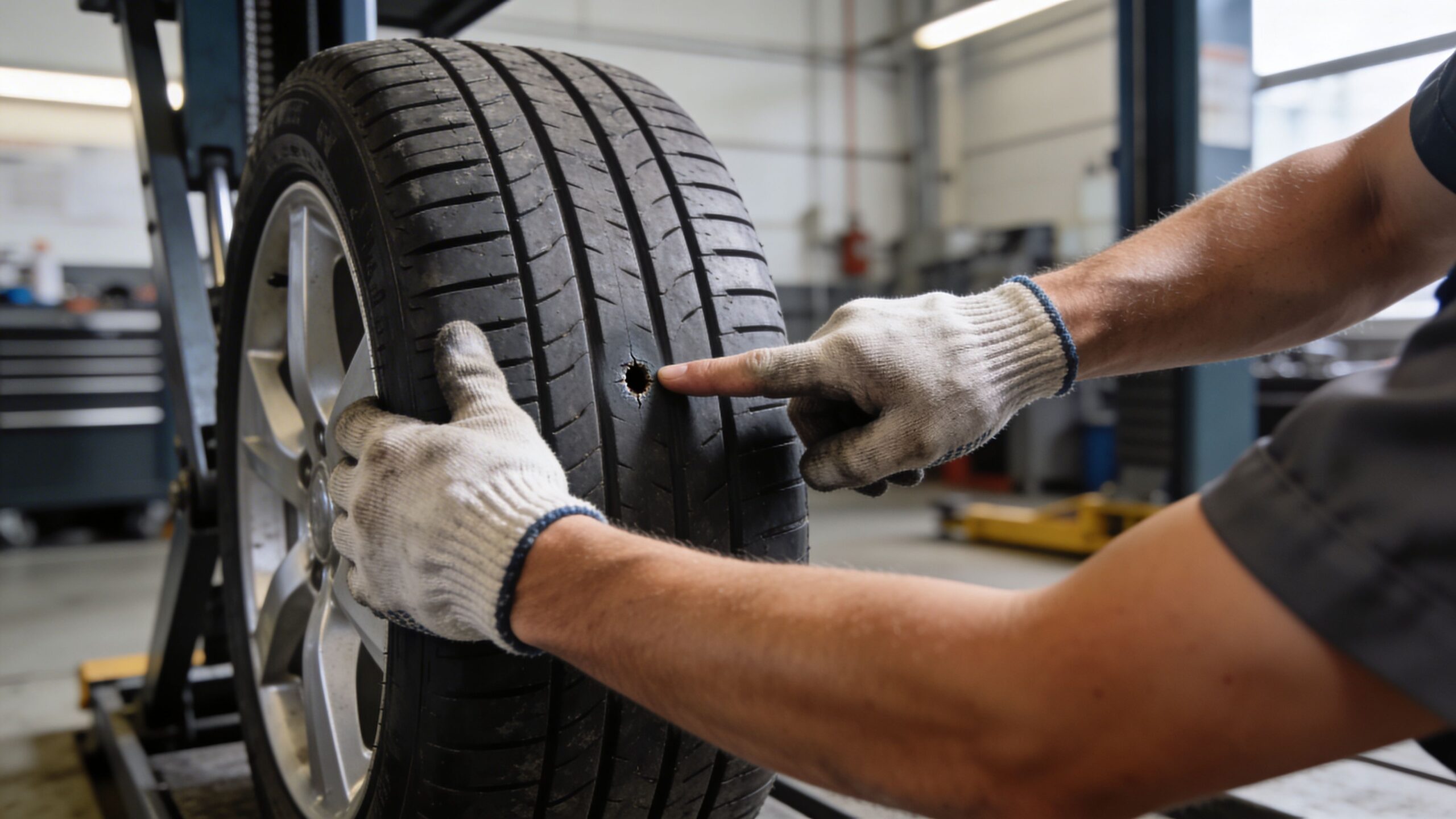 En mekaniker inspicerer et punkteret dæk for at vurdere mulighederne for lapning af dæk på et værksted.