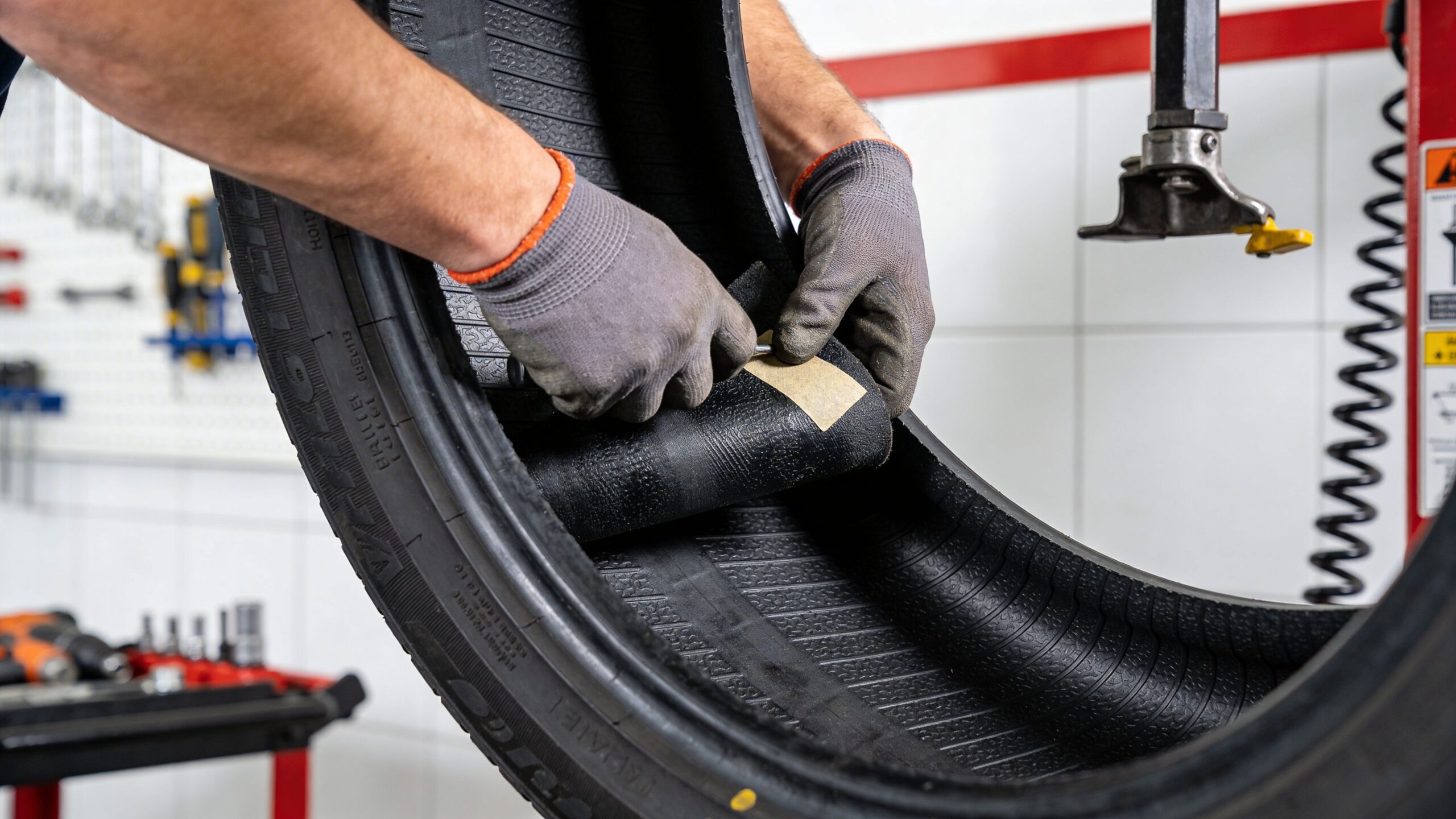 En mekaniker bruger sandpapir til at klargøre indersiden af et dæk før reparation på et værksted.