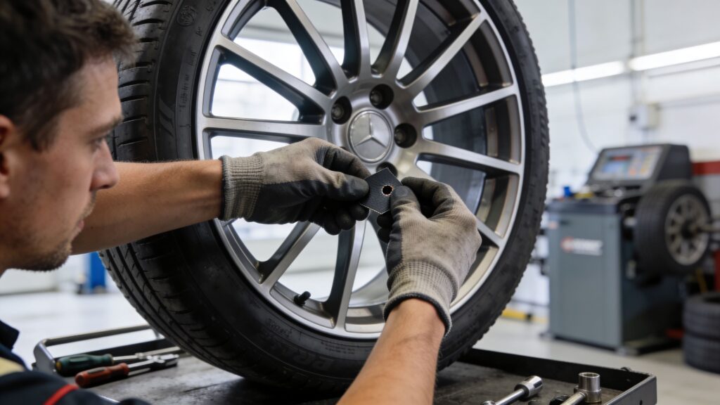 Tekniker arbejder på bilhjul i autoværkstedet hos HR Autoteknik.