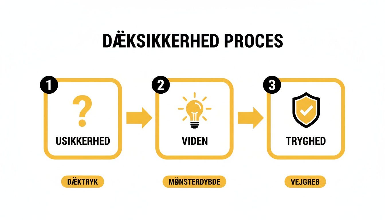 Diagram over dæksikkerhedsprocessen: usikkerhed, viden, tryghed med fokus på dæktryk, mønsterdybde og vejgreb.