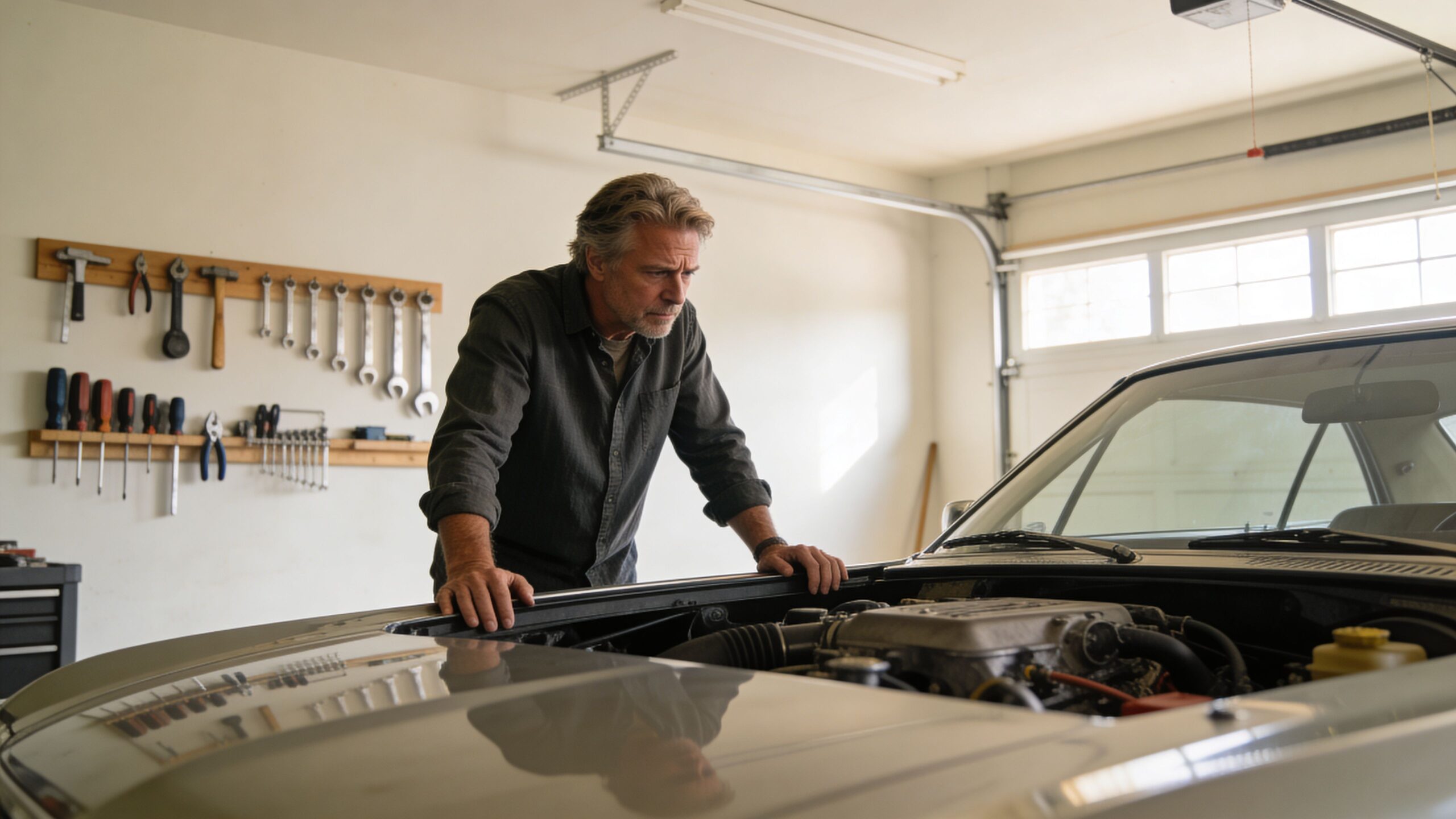 En midaldrende mand i en garage inspicerer motoren på en klassisk sølvfarvet bil under vedligeholdelse.