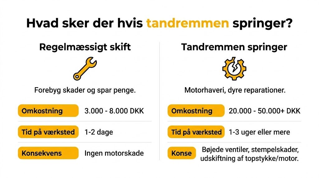 En infografik der sammenligner omkostninger og konsekvenser ved regelmæssigt tandremsskift kontra en knækket tandrem.