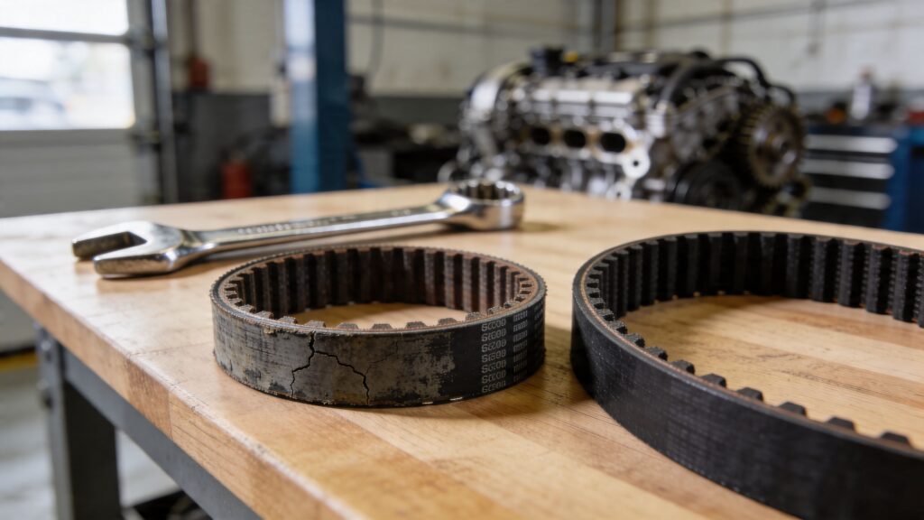 Bælter og værktøj på værkstedet med motor i baggrunden.