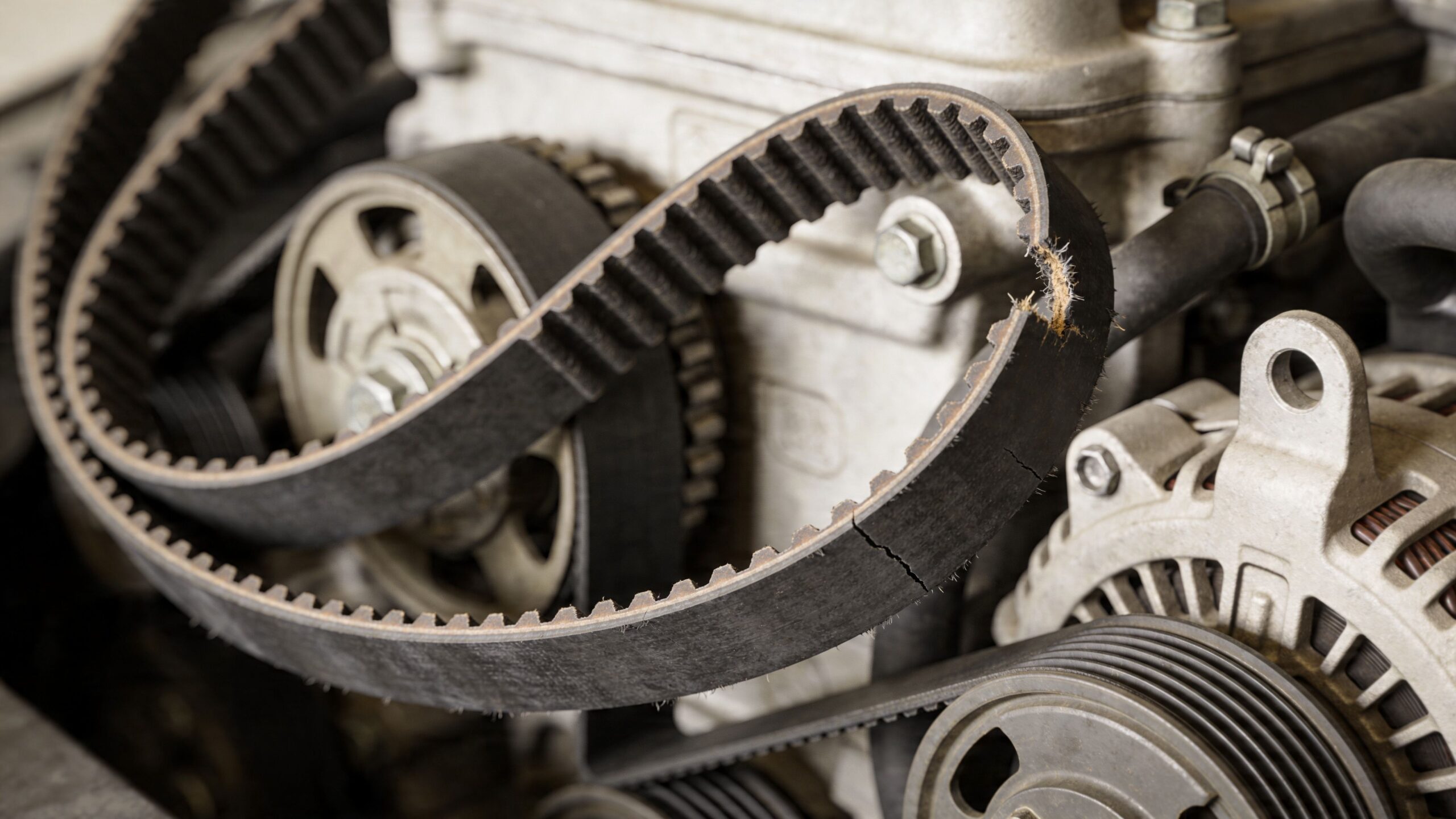 En slidt og revnet tandrem på en bilmotor, der viser tydelige tegn på nødvendig udskiftning og vedligeholdelse.