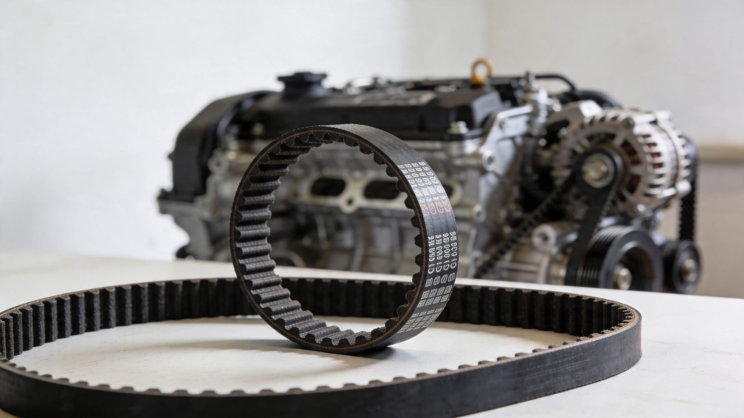 En sort tandrem ligger på et hvidt bord foran en bilmotor under vedligeholdelse på et værksted.