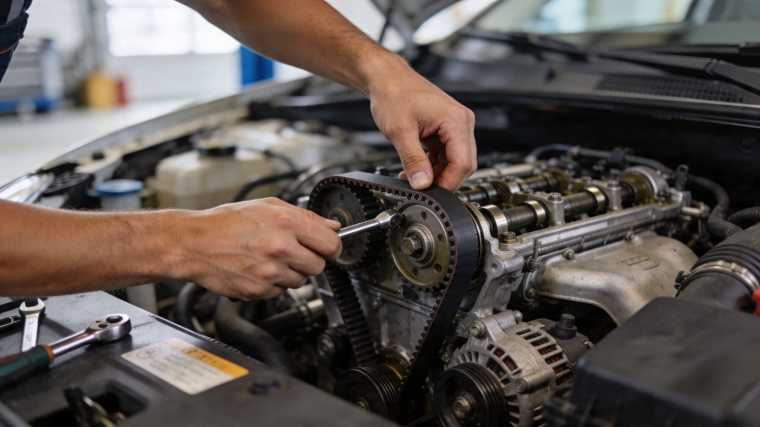En bilmekaniker skifter en tandrem på en moderne bilmotor ved hjælp af professionelt værktøj på et værksted.